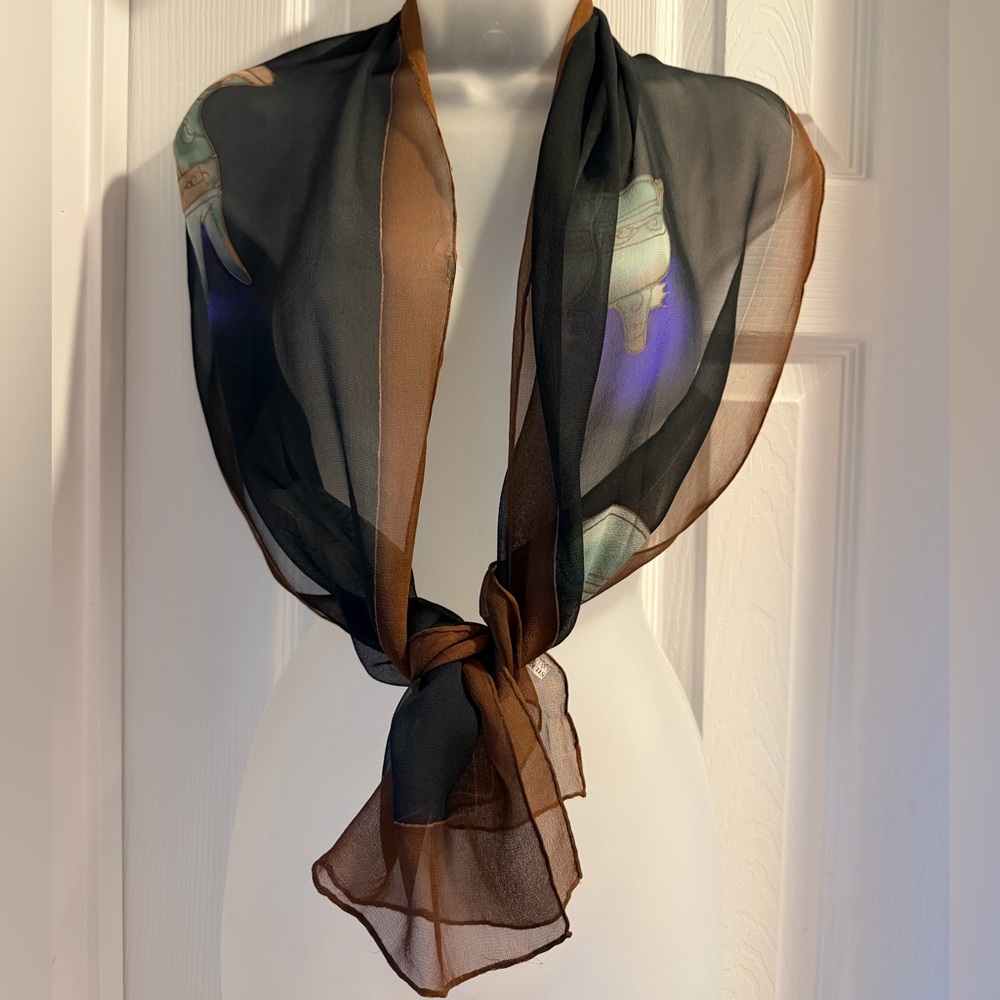 Elegant oblong silk scarf featuring illustrations of ancient Chinese Vessels.